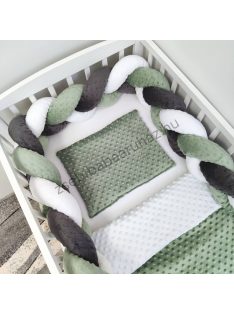   Deluxe Baby 3 részes Minky babaágynemű garnitúra - takaró + párna + fonott rácsvédő - sötét zsályazöld - fehér - antracit
