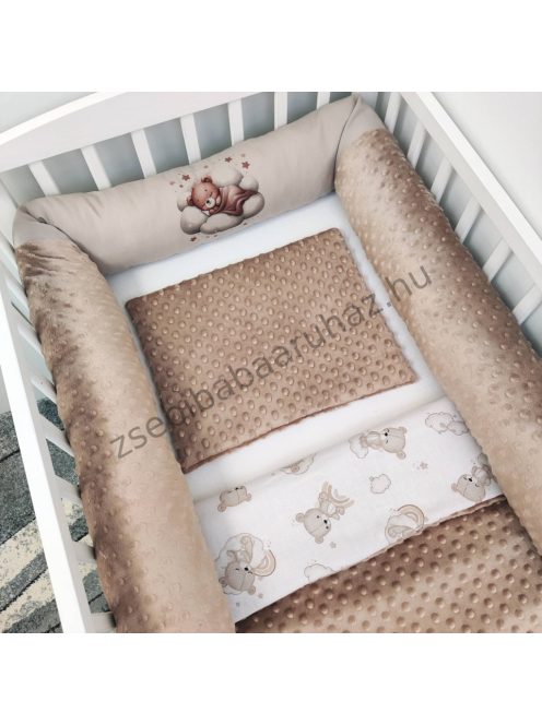 Deluxe Baby babaágynemű garnitúra hengerpárnás rácsvédővel - cappuccino alvó maci