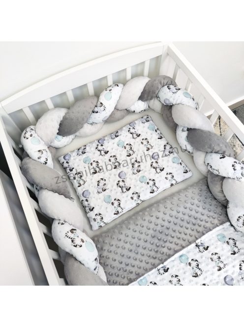3 részes Minky babaágynemű garnitúra - takaró + párna + fonott rácsvédő - szürke - zebrák lufikkal