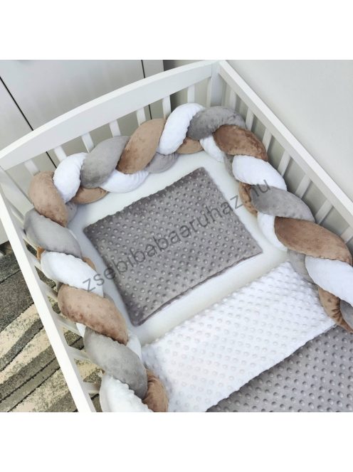 Deluxe Baby 3 részes Minky babaágynemű garnitúra - takaró + párna + fonott rácsvédő - grafit - fehér - cappuccino