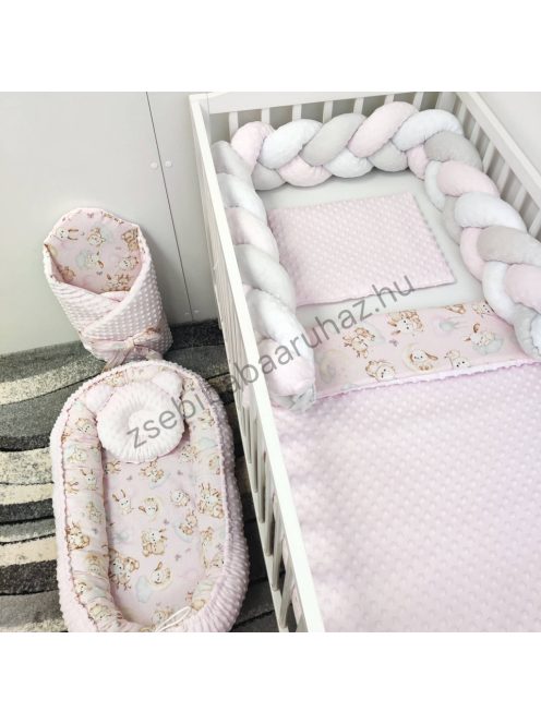 Deluxe Baby babaágynemű garnitúra babafészekkel - 6 részes - Világos rózsaszín - rózsaszín bébi erdei állatok