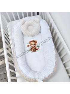   Deluxe Baby többfunkciós babafészek macipárnával, fekvőbetéttel - Minky mogyoró - fehér - pilóta maci