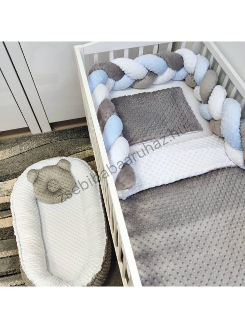 Deluxe Baby Minky babaágynemű garnitúra babafészekkel - 5 részes - grafit - fehér - világoskék