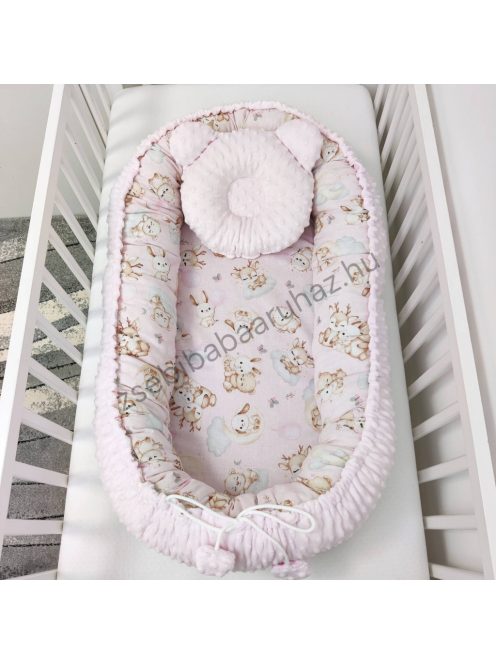 Deluxe Baby többfunkciós babafészek macipárnával - Minky világos rózsaszín - rózsaszín bébi erdei állatok