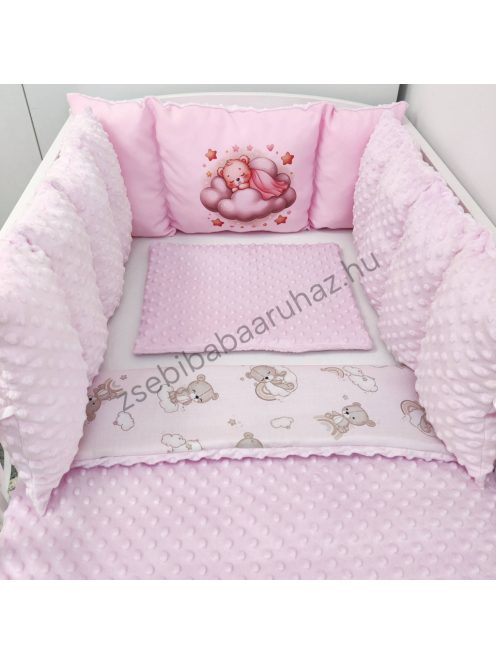 Deluxe Baby babaágynemű garnitúra Extra párnás rácsvédővel - Dreamland Collection - rózsaszín alvó maci