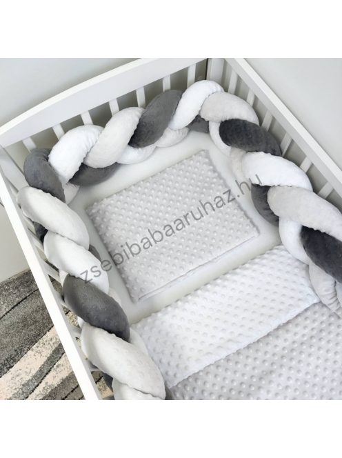 Deluxe Baby 3 részes Minky babaágynemű garnitúra - takaró + párna + fonott rácsvédő - szürke - fehér - sötét grafit