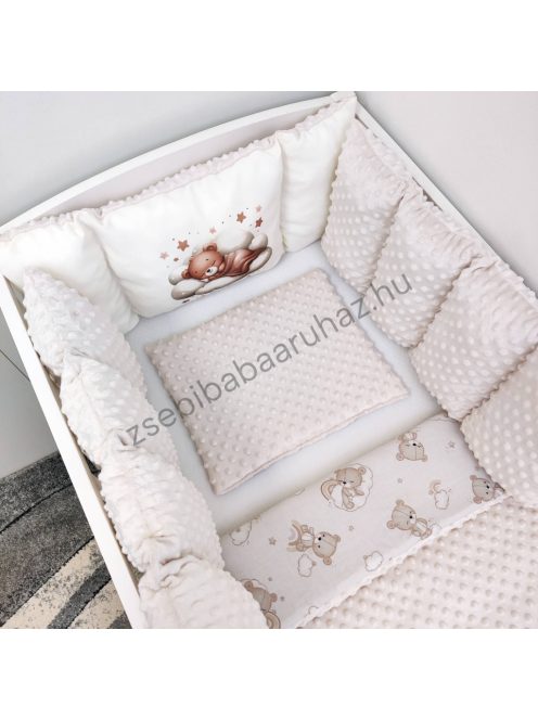 Deluxe Baby babaágynemű garnitúra babafészekkel, Extra párnás rácsvédővel - Dreamland Collection - mogyoró alvó maci