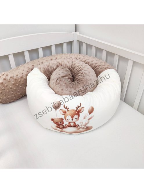 Deluxe Baby babaágynemű garnitúra hengerpárnás rácsvédővel - cappuccino - bébi erdei állatok