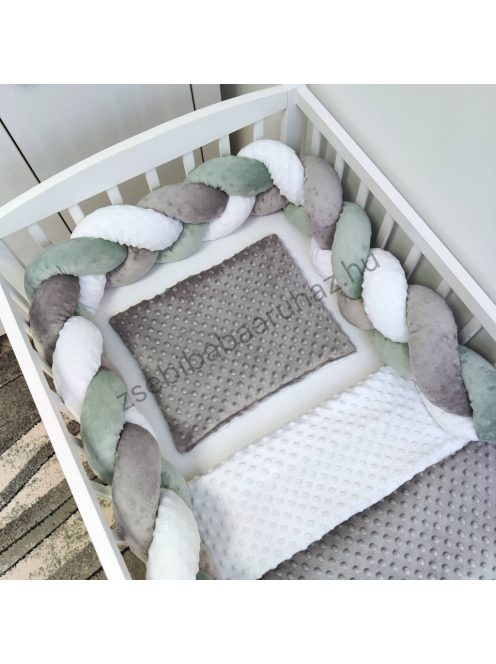 Deluxe Baby 3 részes Minky babaágynemű garnitúra - takaró + párna + fonott rácsvédő - grafit - fehér - zsálya