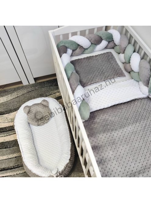 Deluxe Baby Minky babaágynemű garnitúra babafészekkel - 5 részes - grafit - fehér - zsálya