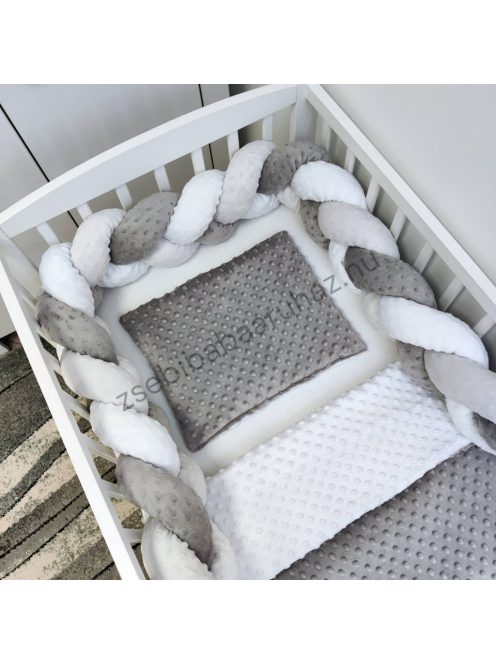 Deluxe Baby 3 részes Minky babaágynemű garnitúra - takaró + párna + fonott rácsvédő - grafit - fehér - szürke