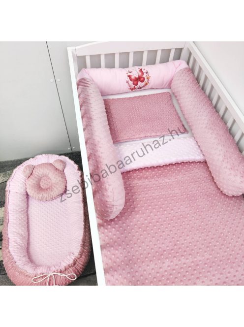 Deluxe Baby babaágynemű garnitúra babafészekkel, hengerpárnás rácsvédővel - mályvarózsa - rózsaszín pillangók