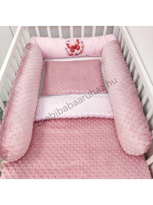 Deluxe Baby babaágynemű garnitúra babafészekkel, hengerpárnás rácsvédővel - mályvarózsa - rózsaszín pillangók