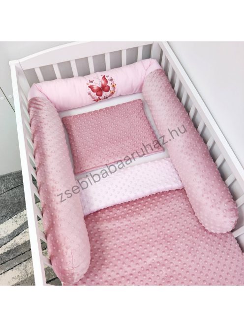 Deluxe Baby babaágynemű garnitúra babafészekkel, hengerpárnás rácsvédővel - mályvarózsa - rózsaszín pillangók