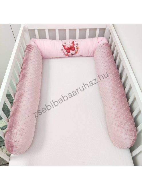 Deluxe Baby babaágynemű garnitúra babafészekkel, hengerpárnás rácsvédővel - mályvarózsa - rózsaszín pillangók