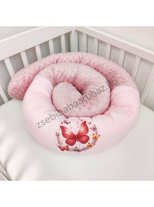 Deluxe Baby babaágynemű garnitúra babafészekkel, hengerpárnás rácsvédővel - mályvarózsa - rózsaszín pillangók