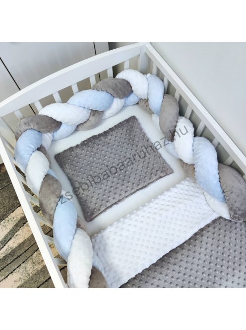 Deluxe Baby 3 részes Minky babaágynemű garnitúra - takaró + párna + fonott rácsvédő - grafit - fehér - világoskék
