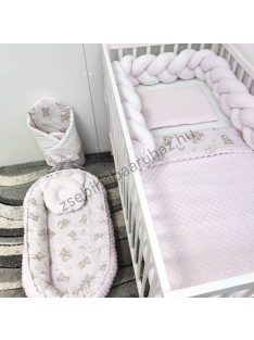   Deluxe Baby babaágynemű garnitúra babafészekkel - 6 részes - Világos rózsaszín - felhőn alvó macikák