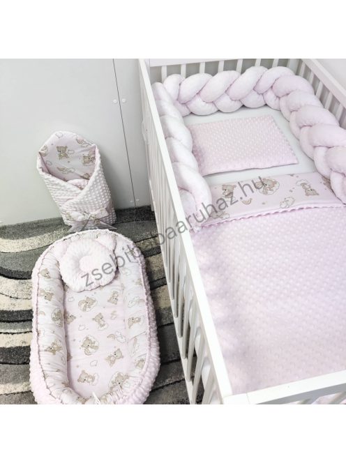 Deluxe Baby babaágynemű garnitúra babafészekkel - 6 részes - Világos rózsaszín - felhőn alvó macikák