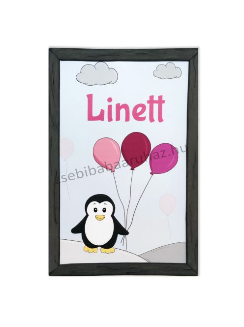 Babaszoba falikép dekoráció Linett névvel - pingvin, szürke - KIFUTÓ