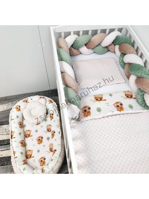 Deluxe Baby babaágynemű garnitúra babafészekkel - 5 részes - mogyoró - vidám baglyocskák