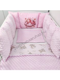   Deluxe Baby babaágynemű garnitúra babafészekkel, Extra párnás rácsvédővel - Dreamland Collection - rózsaszín alvó maci