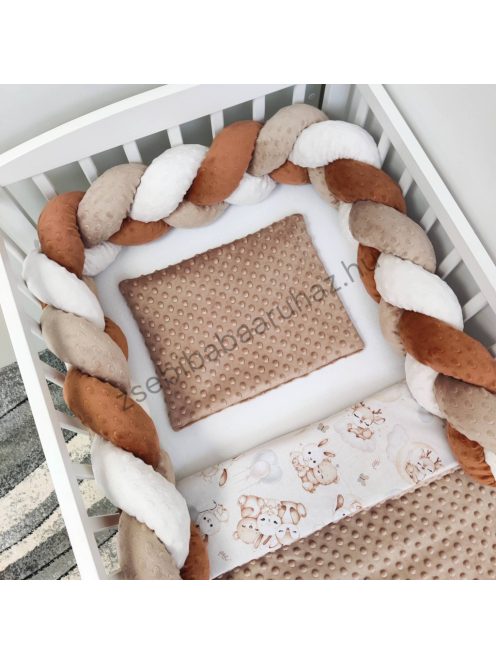 Deluxe Baby 3 részes babaágynemű garnitúra - takaró + párna + fonott rácsvédő - cappuccino - bébi erdei állatok