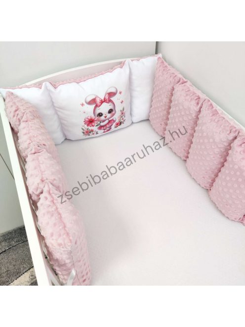 Babaágynemű rácsvédővel - Extra párnás Minky - mályvarózsa nyuszika virággal