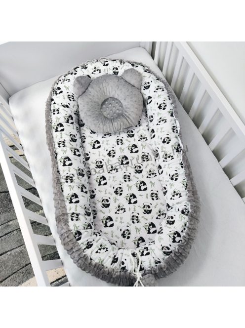 Deluxe Baby babaágynemű garnitúra babafészekkel - 5 részes - grafitszürke - pandák II.