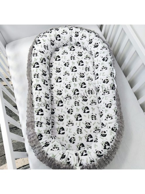 Deluxe Baby babaágynemű garnitúra babafészekkel - 5 részes - grafitszürke - pandák II.