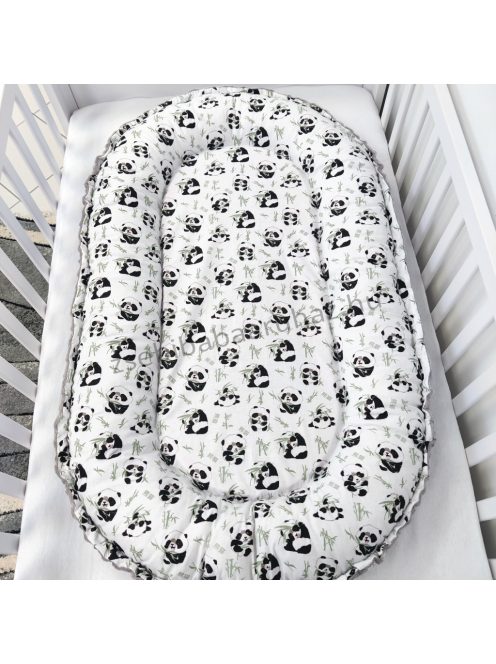 Deluxe Baby babaágynemű garnitúra babafészekkel - 5 részes - grafitszürke - pandák II.