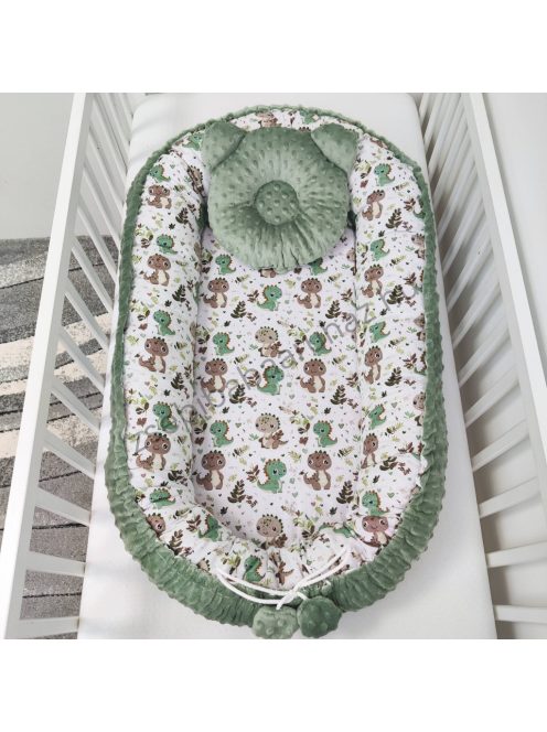 Deluxe Baby babaágynemű garnitúra babafészekkel - 5 részes - sötét zsályazöld - bébi dínók I.