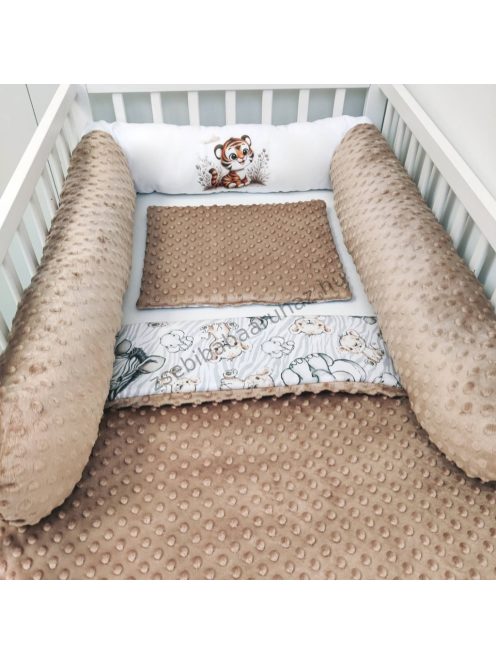 Deluxe Baby babaágynemű garnitúra hengerpárnás rácsvédővel - cappuccino - bébi szafari - tigris
