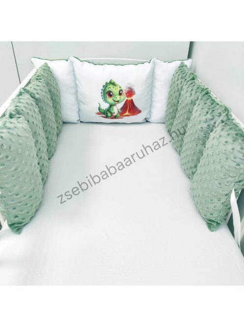 Babaágynemű rácsvédővel - Extra párnás Minky - zsályazöld dínó kölyök