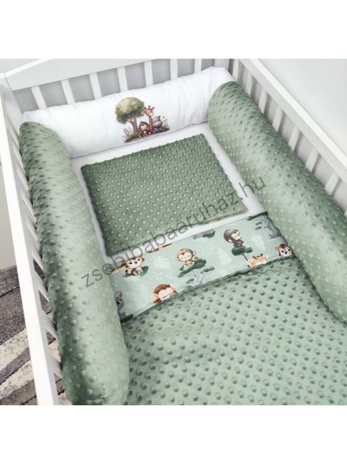 Deluxe Baby babaágynemű garnitúra hengerpárnás rácsvédővel - sötét zsályazöld - szafari kölykök