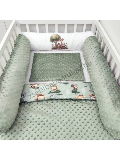 Deluxe Baby babaágynemű garnitúra hengerpárnás rácsvédővel - sötét zsályazöld - szafari kölykök