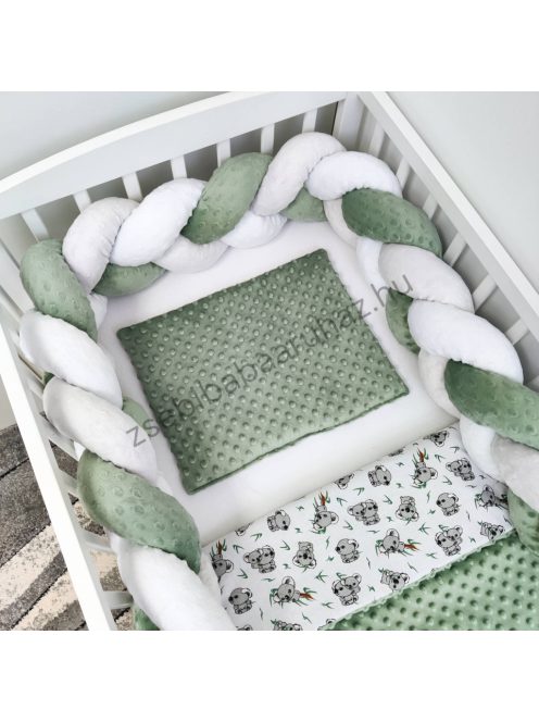 Deluxe Baby 3 részes babaágynemű garnitúra - takaró + párna + fonott rácsvédő - sötét zsályazöld - koalák II.