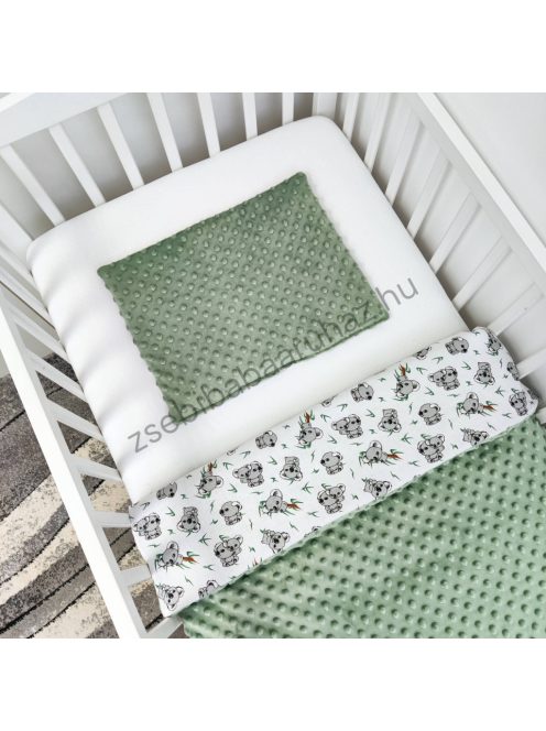 Deluxe Baby 3 részes babaágynemű garnitúra - takaró + párna + fonott rácsvédő - sötét zsályazöld - koalák II.