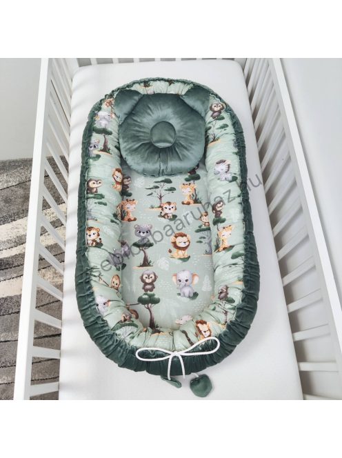 Deluxe Baby többfunkciós babafészek macipárnával - zöld bársony - szafari kölykök