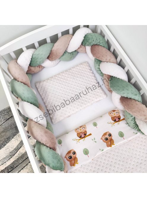 Deluxe Baby 3 részes babaágynemű garnitúra - takaró + párna + fonott rácsvédő - mogyoró - vidám baglyocskák
