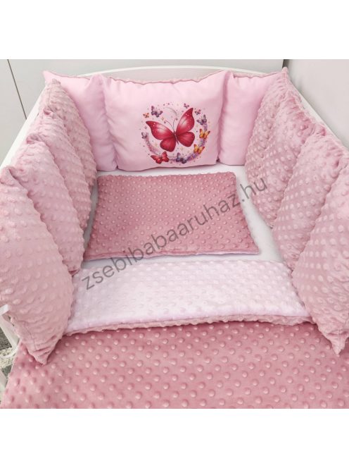Deluxe Baby Minky babaágynemű garnitúra babafészekkel, Extra párnás rácsvédővel - Dreamland Collection - mályvarózsa - rózsaszín pillangók
