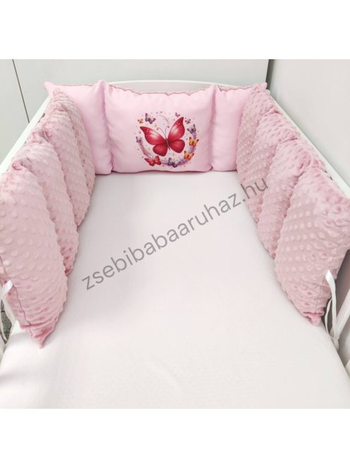 Deluxe Baby Minky babaágynemű garnitúra babafészekkel, Extra párnás rácsvédővel - Dreamland Collection - mályvarózsa - rózsaszín pillangók