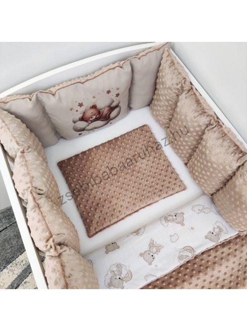 Deluxe Baby babaágynemű garnitúra Extra párnás rácsvédővel - Dreamland Collection - cappuccino alvó maci