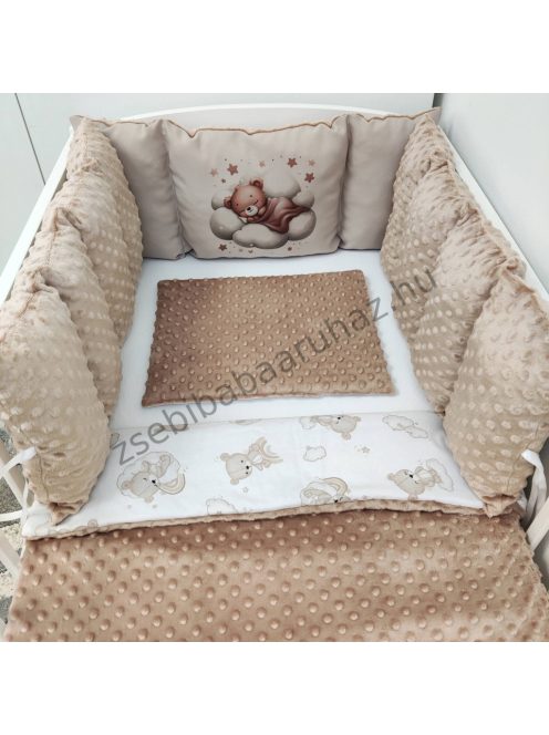 Deluxe Baby babaágynemű garnitúra Extra párnás rácsvédővel - Dreamland Collection - cappuccino alvó maci