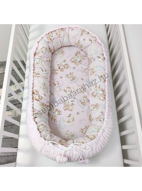 Deluxe Baby többfunkciós babafészek - Minky világos rózsaszín - rózsaszín bébi erdei állatok