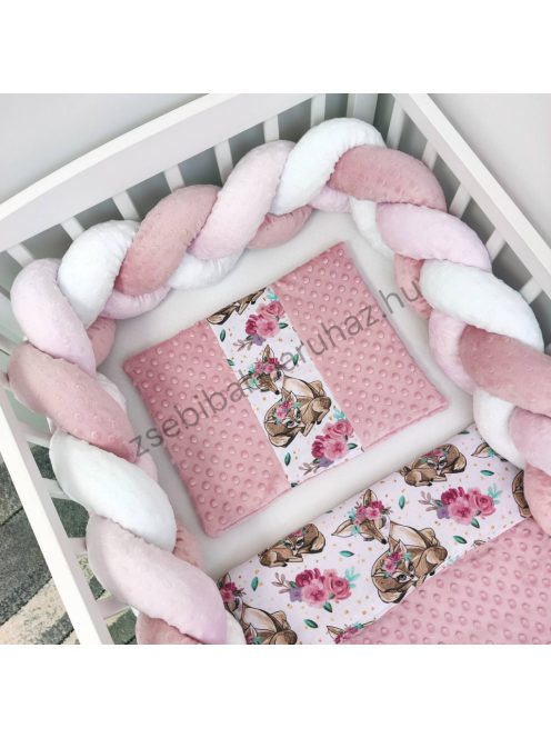 Deluxe Baby 3 részes babaágynemű garnitúra - takaró + párna + fonott rácsvédő - mályvarózsa - őzikék virágokkal II.