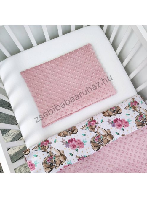 Deluxe Baby 3 részes babaágynemű garnitúra - takaró + párna + fonott rácsvédő - mályvarózsa - őzikék virágokkal II.