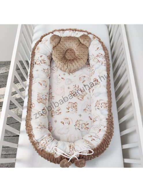 Deluxe Baby többfunkciós babafészek macipárnával - Minky cappuccino - bébi erdei állatok