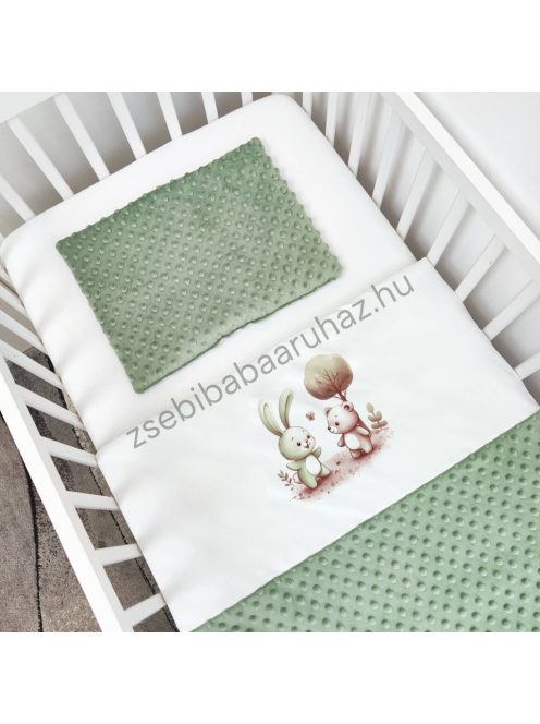 Deluxe Baby 2 részes babaágynemű garnitúra - takaró + párna - sötét zsályazöld - nyuszika és macika