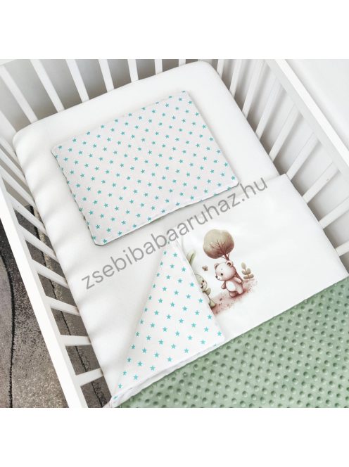 Deluxe Baby 2 részes babaágynemű garnitúra - takaró + párna - sötét zsályazöld - nyuszika és macika